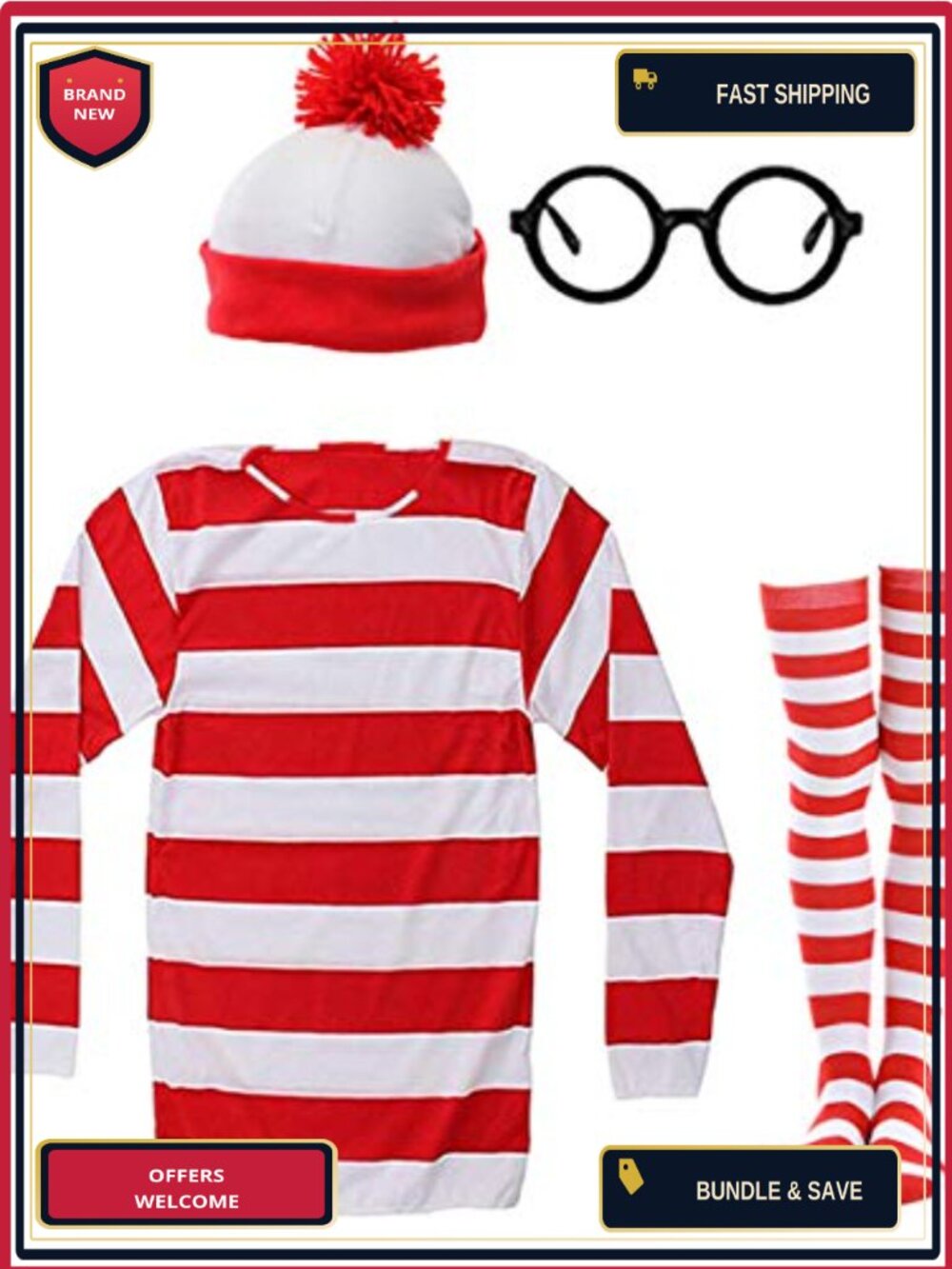 Waldo Costume Set - Hat, Glasses, T-Shirt & Socks - Halloween Cosplay